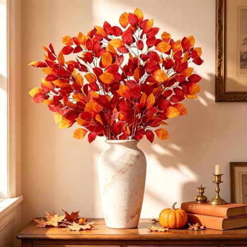 RECUTMS 4Pcs Artificial Beech Leaf Branches 39In Fall Stems Sunset Red