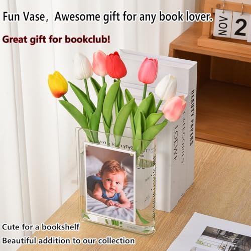 Clear Photo Vase for Flowers, Picture Frame Flower Vase with 6x4 Photo Insert - Acrylic Book-Shaped Vase for Home, Office Desk, and Living Room Decor