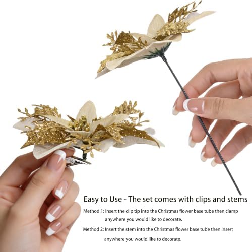 15PCS Artificial Christmas Poinsettia Flowers with Clips and Stems, 5.5 Inch Glitter Gold Xmas Tree Decorations, Holiday Poinsettia Picks Ornaments for Christmas Tree, Wreaths, Garlands & Home