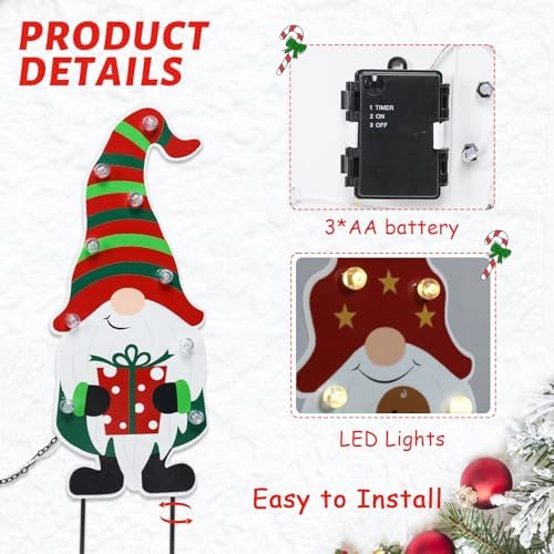 WONDER GARDEN 3 PCS Christmas Gnomes Yard Signs Stake with LED Light Decor
