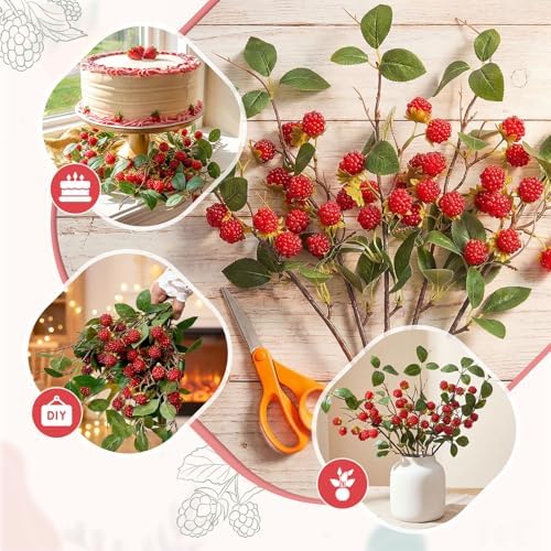 XunYee 6 Pack Light Red Artificial Raspberry Plant Stems 15'' Faux Raspberries Branches Fake Simulated Berry Bouquet Picks for Vase Filler Indoor Home Farmhouse Table Centerpieces Decor