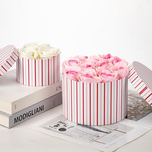 Oairse Gift Boxes with Lids for Presents Red and White Striped Round Box for Flower Arrangements Set of 4 Nesting Gift Boxes Bulk for Bridesmaid, Proposal, Wedding, Birthday, Party Favor Graduation