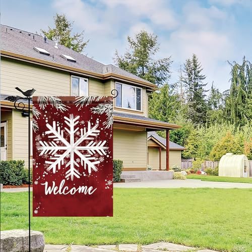 Winter Garden Flag White Snowflake Red Background Welcome Flag 12x18 Inch Double Sided Outdoor Yard Banner for Snowy Season Holiday Christmas Porch Decoration Decor