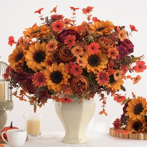 Mixed 10 Pcs Fall Artificial Sunflower Peony Bouquet, Yellow Burgundy Silk Faux Flower, Autumn Faux Floral Arrangements for Wedding Table Thanksgiving Porch Planters Garden Patio Outdoors Decor