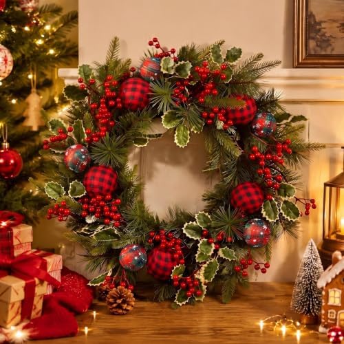 Tartan Plaid Christmas Wreath for Front Door Cedar Wreath with Holly Berry