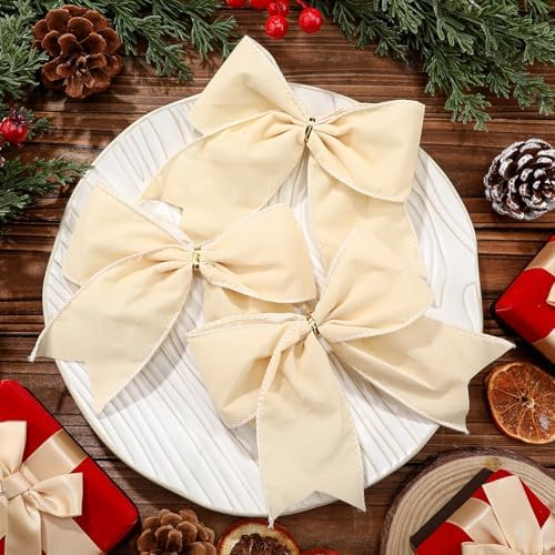 Janinka 12 Pcs 6 Inch Christmas Velvet Bows Decor for Wreath, Cream White