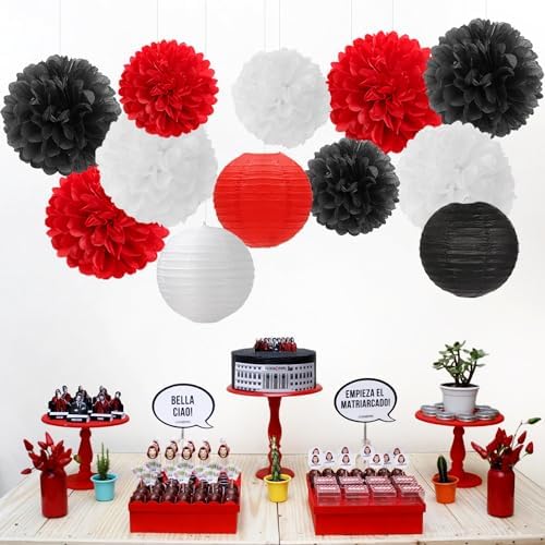 Red-Black White Party-Decorations Paper Flowers Lanterns - 15PCS Halloween Birthday Tissue Pom Poms Streamers,Wedding Baby Bridal Shower Hanging Supplies Decor Hugfond