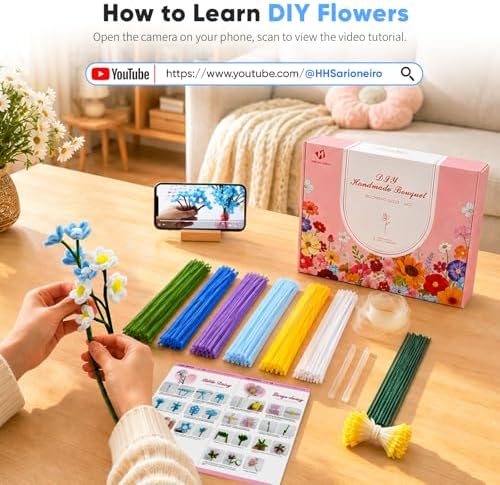 HHSarioneiro 550 Pcs Pipe Cleaner Flower Kit, Complete DIY Flower Bouquet Making Kit, 6 Beautiful Colors, 15 Flower Designs with Step-by-Step Video Tutorials, for Teen Girls and Craft Lovers