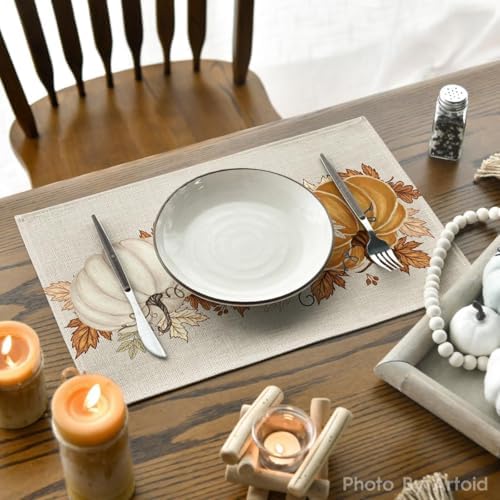 Artoid Mode Orange Pumpkin Leaves Fall Placemats Set of 4-12 x 18 Inch