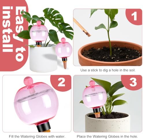 6 Pack Self Watering Globes 17oz Large Plant Watering Globes Top Fill, Self Water Planter Insert Indoor/Outdoor Plastic Water Bulbs Slow Release Terracotta for Plants, Pink