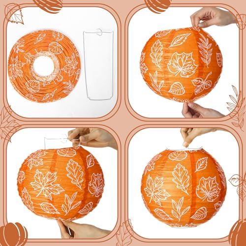 Bencailor 16 Pcs Fall Paper Lanterns Fall Party Paper Lanterns Thanksgiving Dark Orange Pumpkin Round Thankful Maple Leaves Hanging Party Decorations for Autumn Harvest Outdoor Decor
