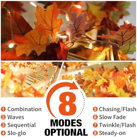 KASZOO 2 Pack Fall Maple Garland with 40 LED String Light- 5.8ft/Piece Artificial Fall Foliage Garland Autumn Decor for Home Wedding Party