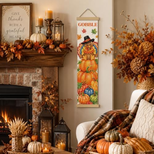 Fall Wall Hanging Decor, Gobble Turkey Canvas Banner for Harvest Party