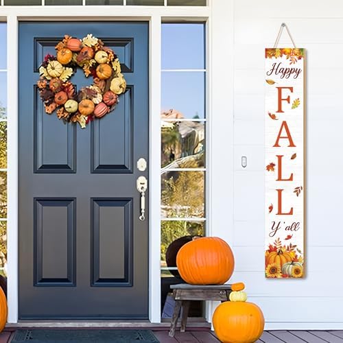 47" Fall Wooden Porch Sign Happy Fall Y' All Front Door Welcome Sign Pumpkin Maple Leaf Standing Sign Vertical Wooden Hanging Decor for Thanksgiving Garden Home Yard Farmhouse Autumn Decorations