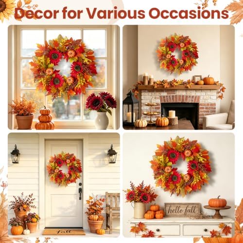 Fall Wreath for Front Door, Autumn Thanksgiving Sunflower Wreath Fall Decor