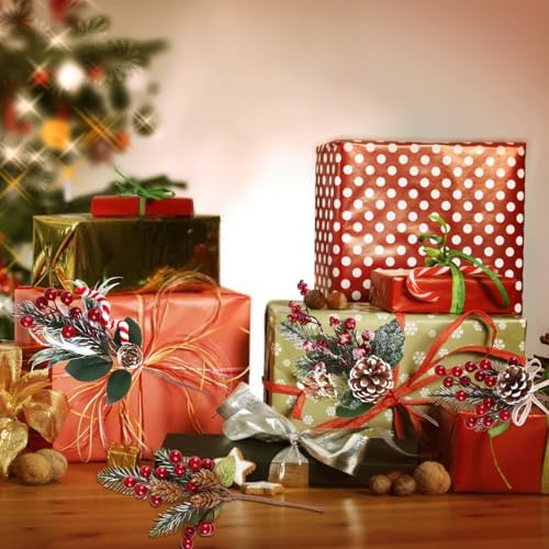 LOMIMOS 16Pack Artificial Christmas Red Berry Picks Assorted,Thick Pine Picks Fake Holly Bough Stems with Pinecones Needles Branches Fake Berries for Xmas Tree Decoration Crafts Wreath Garland Décor