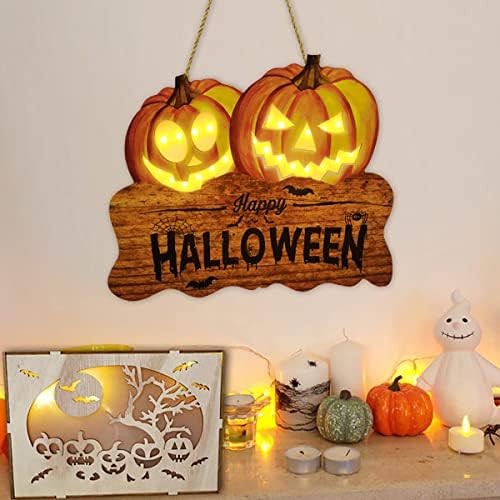 Light Up Happy Halloween Door Sign, 2 Jack O Lanterns, 12 Inch