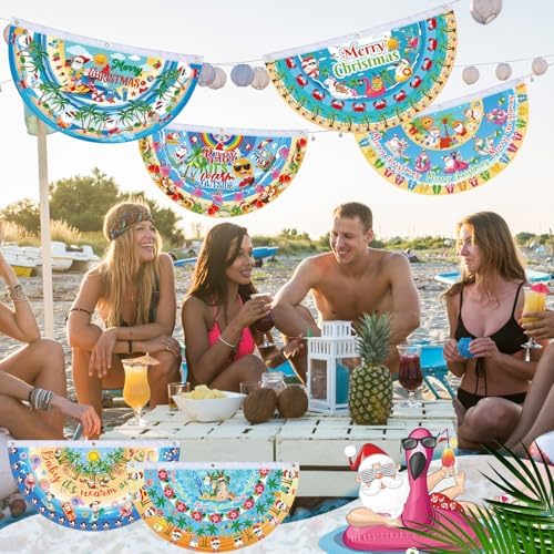 6 Pcs Summer Christmas Bunting Fan Flag July Summer Bunting Flag Hawaii Santa Flamingo Palm Tree Garden Half Fan Banner Decoration for Hawaii Beach Pool Outdoor Yard Decor, 1. 5 x 3 ft