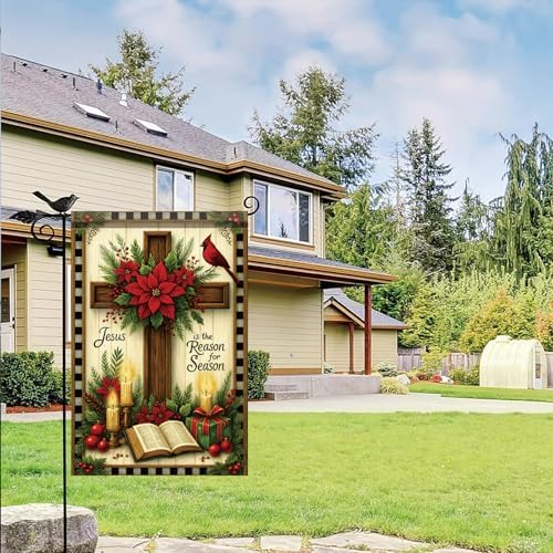 Christmas Garden Flag Jesus Is The Reason for the Season Cross Bible Poinsettia 12x18 Inch Double Sided Outdoor Yard Banner for Religious Christian Nativity Winter Holiday Decoration