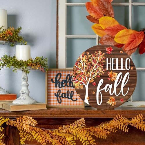 Whaline Hello Fall Wooden Hanging Sign Maple Tree Front Door Sign Autumn Thanksgiving Welcome Signs for Harvest Indoor Outdoor Home Porch Wall Decor