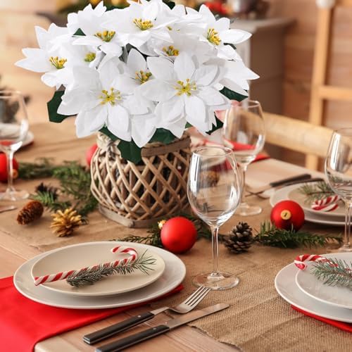 Poinsettias Artificial Christmas Flowers 6 Pack White 5 Heads Poinsettia Flowers Artificial Faux Winter Flowers Holiday Indoor Outdoor Xmas Tree Ornament Porch Home Garden Decoration