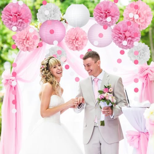 14 Pcs Pink Party Decorations, Paper Pom Poms Lanterns Garland, 8/10 Inch