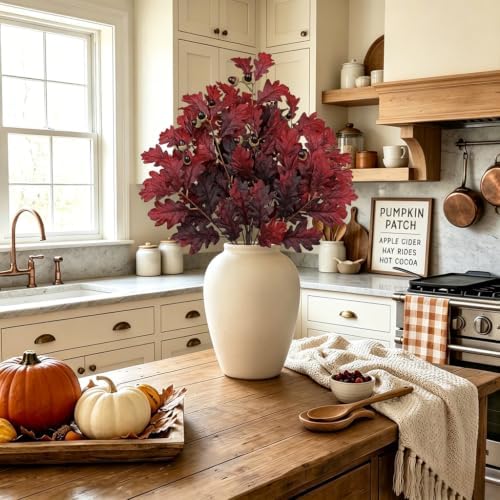 Faux Oak Leaf Branches with Acorns, 2Bundles Fall Stems for Vase, Burgundy