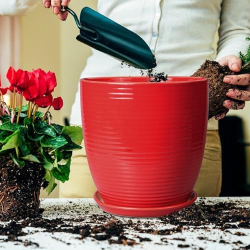 Ceramic Pot for Plants 12 Inch - Plant Pot Indoor with Drainage Hole and Saucer Round Large Planter for Outdoor Plants Mid Century Modern Flower Pot for Home Decor Red