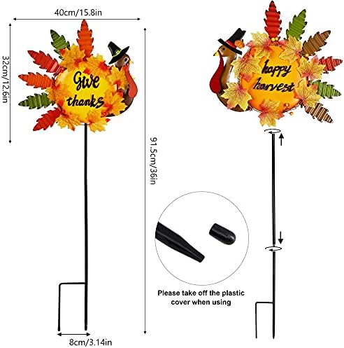 Juegoal Set of 2 Turkey Garden Stakes Thanksgiving Decor, 36 Inch Metal Fall Turkeys Yard Stakes, Give Thanks & Happy Thanksgiving Yard Signs Ornaments for Outdoor Lawn Pathway Patio