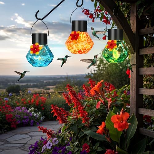 Nuogo 3 Pcs Blown Glass Hummingbird Feeder Gift Solar LED, Color C, Novel