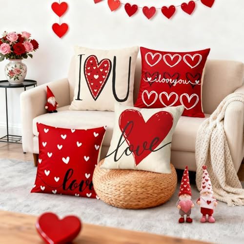 Valentines Day Decorations-Valentine Pillow Covers 20x20 Set of 4, Red Hearts I Love You Happy Valentine's Day Throw Outdoor Pillow Covers Anniversary Wedding Cushion Case for Home Sofa Couch Decor
