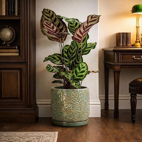 D'vine Dev Embossed Leaves Ceramic Planter, 8 in, Olive, 27-A-Q-0