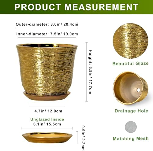 Ceramic Plant Pots - 8 Inch Plant Pot with Drainage Hole and Saucer, Round Planter for Indoor Outdoor, Modern Flower Pot, Decorative Planter, Garden Home Office Decor, Gardening Gifts, Gold