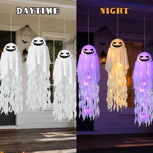 4 Pack Halloween Hanging Ghosts, 28 Inch Light Up Decor, 4 DIY Face Styles