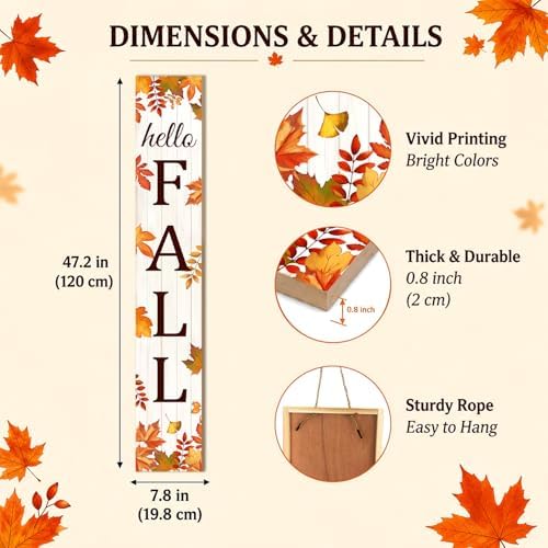 HELLO FALL Porch Sign, 47.2 Inch Wooden Vertical Sign, Maple Leaf Decor