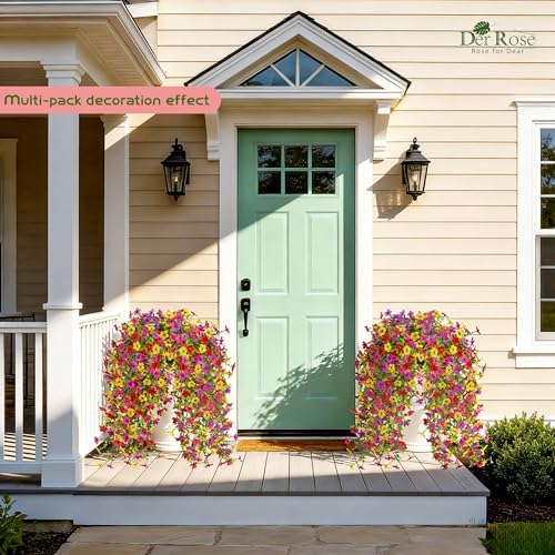 Der Rose UV Resistant Artificial Hanging Flowers for Outdoors, 2Pcs Silk Fake Dasiy Faux Hanging Flowers for Outdoor Planter Porch Balcony Yard Decor