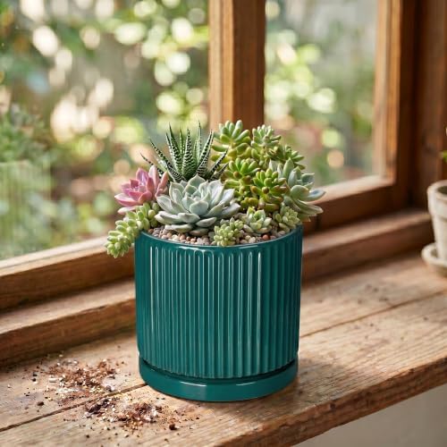 4 Inch Ceramic Pots for Plants, Plant Pots with Tray, Blackish Green