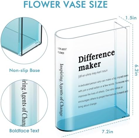BuyCard Clear Acrylic Book Vase for Flowers, Transparent Book Flower Vase for Home Decor, Simplicity Bookshelf Decor, Unique Stuff for Book Lovers, Difference Maker, Gift to Motivate (Blue)