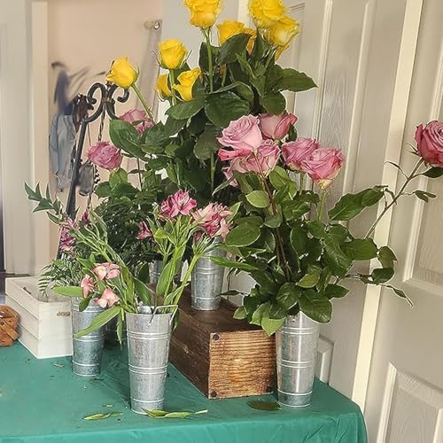 KINJOEK 8 PCS 9 Inch Galvanized Metal Flower Vases, Rustic Farmhouse French Flower Bucket Pots with Handle, Tall Galvanized Metal Vases for Centerpieces, Planter, Home Decor, Silver
