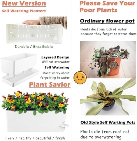 2 Pack Self Watering Pots for Indoor Plants 17 Inches Window Boxes Planters Rectangular Flower Pots Rectangle Herb Pots Large Plant Pots with Drainage Holes and Saucers Windowsill Planter, White