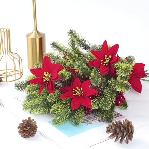 Sggvecsy 6Pcs Christmas Flowers Artificial Pine Branches Poinsettia Floral Picks 14’’ Red Berry Stems with Pinecones for Home Porch Garden Indoor Outdoor Holiday Xmas Decorations