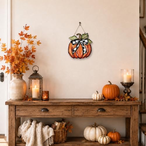 Smile Fall Thanksgiving Wooden Door Hanger Pumpkins Black White Plaid Bow