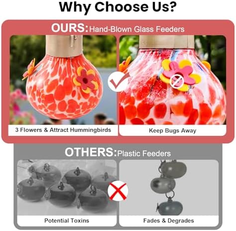 Hummingbird Feeder with Solar Light, Auto-Lighting Lamp for Garden Decor, 3 Feeding Ports Attract More Birds, Outdoor Waterproof Glass Hummingbird Feeder, Red