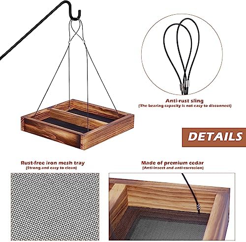 MIXXIDEA Bird Feeder Hanging Tray, Wooden Platform Hummingbird Feeder Mesh Seed Platform for Garden Yard Outside Decoration Attracting Wild Birds (Brown)