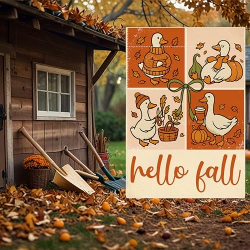 Hello Fall Garden Flag, Funny Silly Goose Garden Flag 12x18 Inch Double Sided, Autumn Thanksgiving Flags for Yard Outside Home Porch Gifts for Goose Animal Lovers