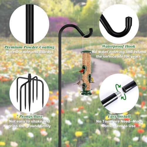 FEED GARDEN 92 Inch Adjustable Outdoor Shepherds Hook Bird Feeder Pole with 7 Prongs Base, Premium Steel Heavy Duty Tall Shepards Hooks for Hanging Bird Feeders, Plant Basket, Lanterns, 1 Pack