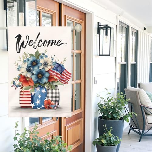 Patriotic Fourth of July House Flag Welcome Red White and Blue Mason Jar Flowers Garden Flags American Flag Floral Farmhouse Outdoor for Independence Day Memorial Day Veterans Day 28 x 40 Inch