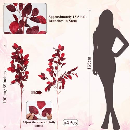 RECUTMS 4Pcs Artificial Beech Leaves Branches 39In Fall Stems Burgundy