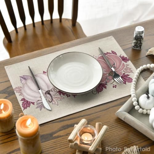 Artoid Mode Pink Pumpkin Leaves Fall Placemats Set of 4-12 x 18 Inch