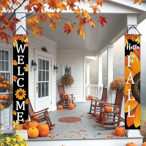 Hello Fall Sunflower Welcome Porch Banner Sign, Autumn Flower Black